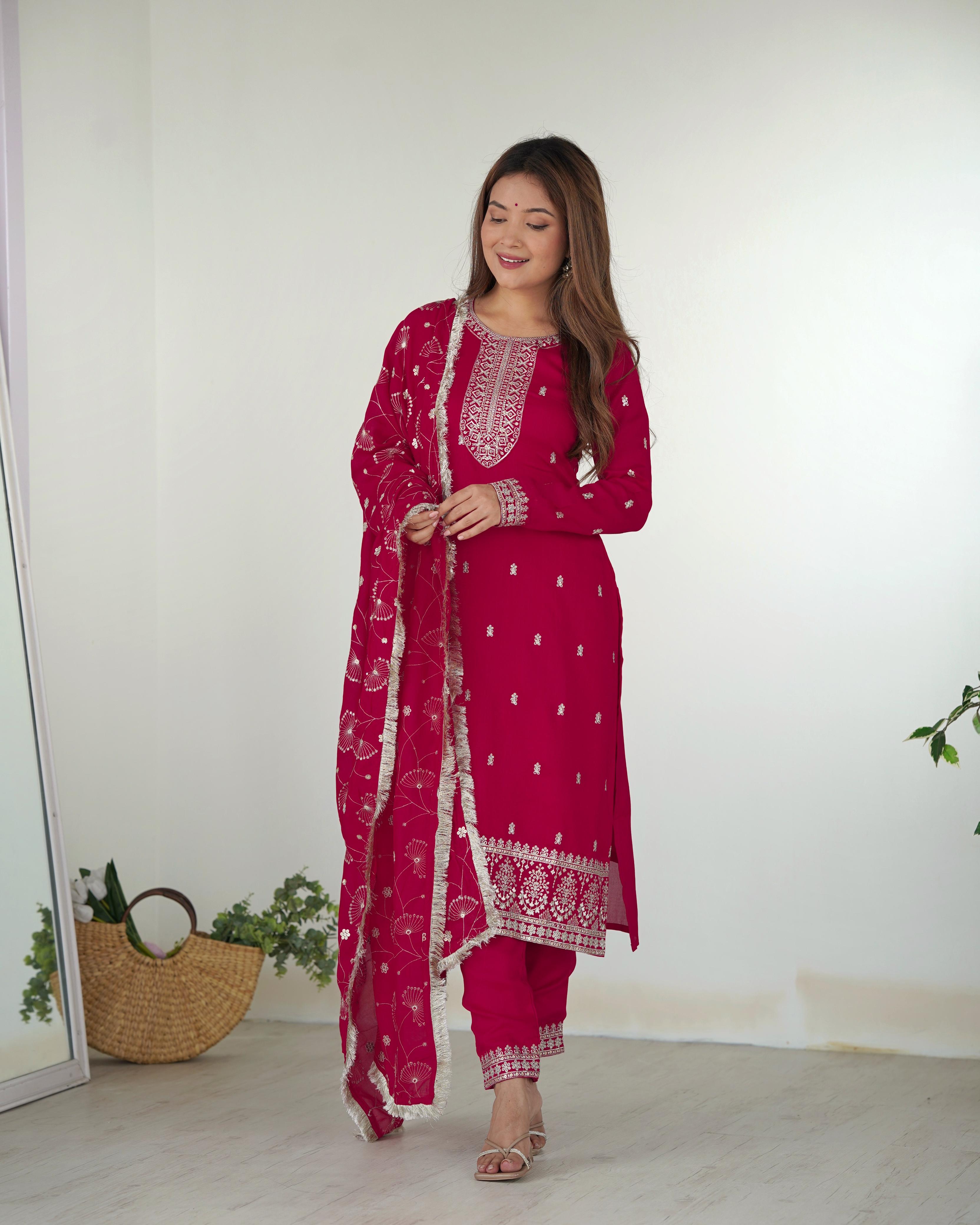 Elegant Pink Pure Blooming Vichitra Silk Kurta Set â€“ Ready to Wear