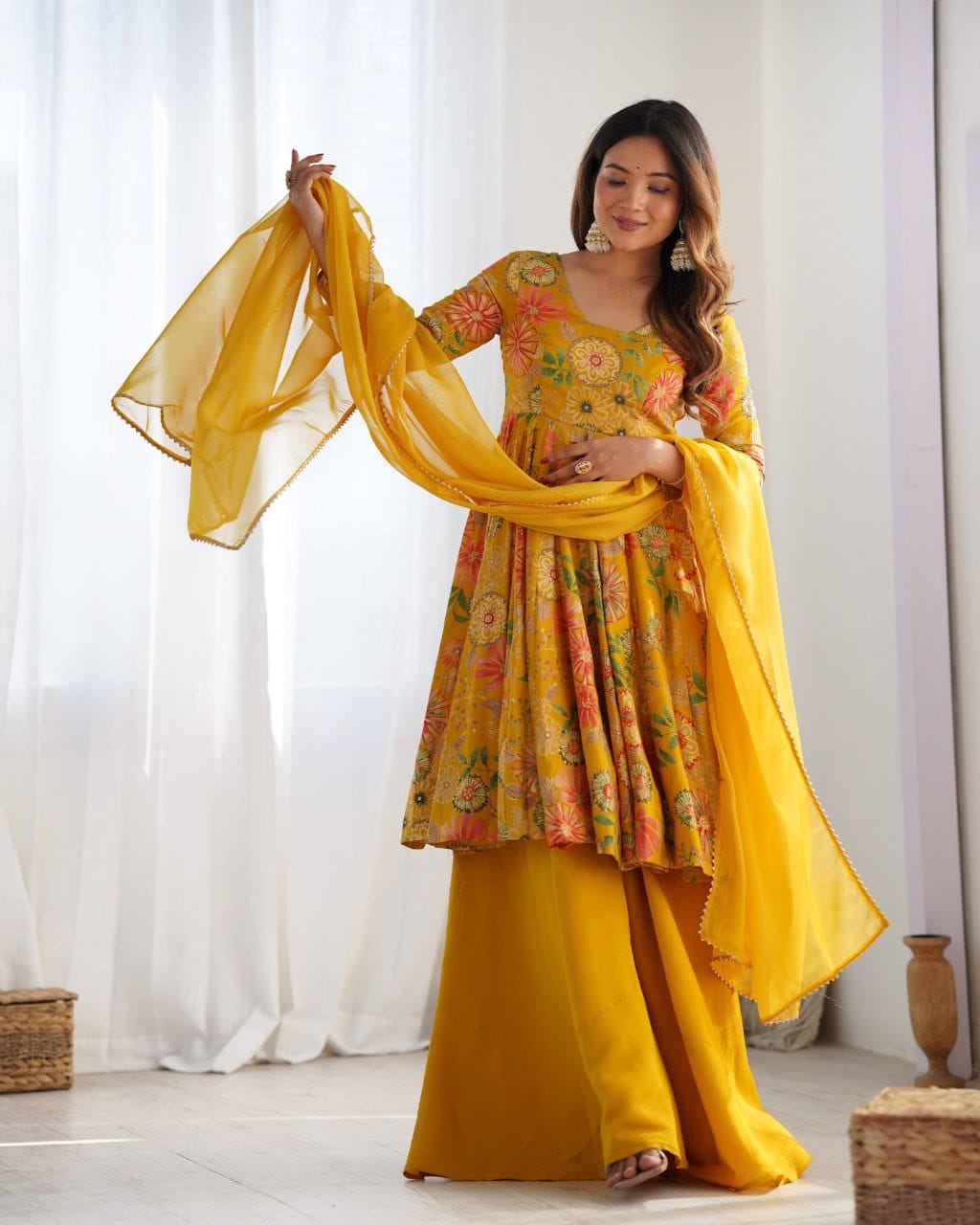 Pure Romansilk Chanderi Discharge Printed Kurti Set