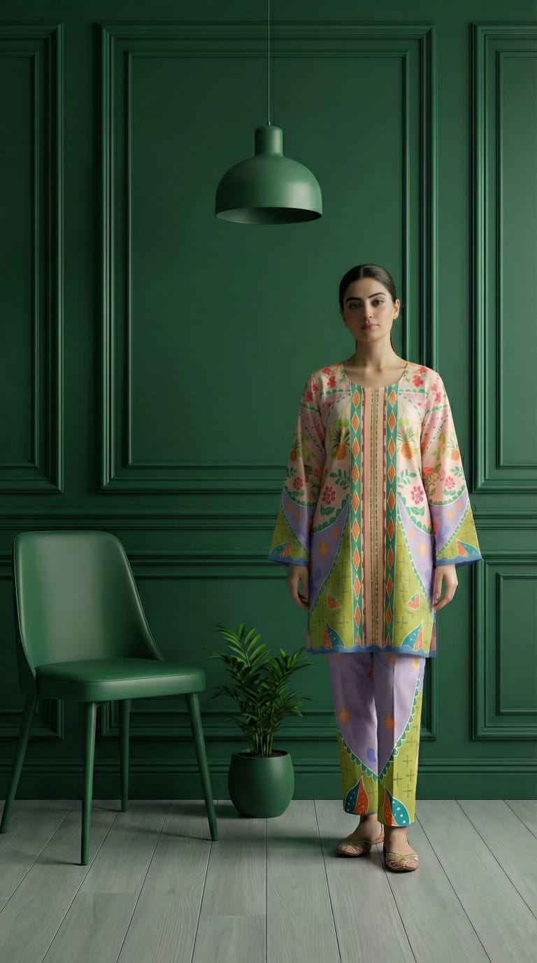 Premium Lime and Lilac Modern 2-Piece Set with Lace Neckline