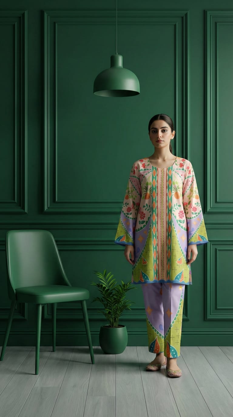 Premium Lime and Lilac Modern 2-Piece Set with Lace Neckline