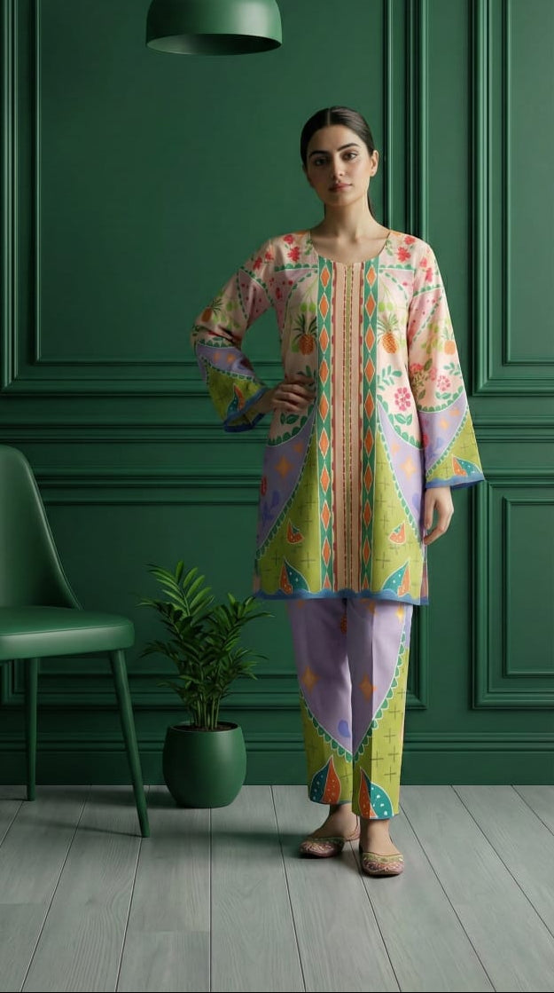 Premium Lime and Lilac Modern 2-Piece Set with Lace Neckline