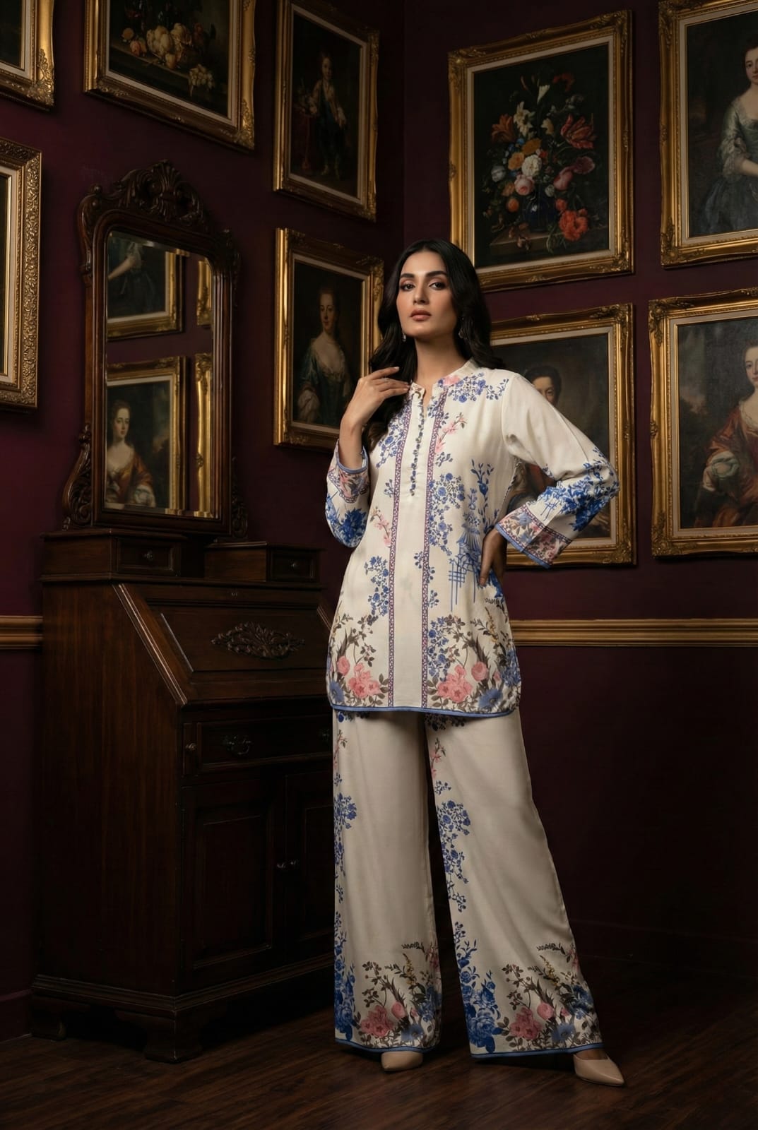 Premium Printed 2-Piece Suit with Blue Border Detailing