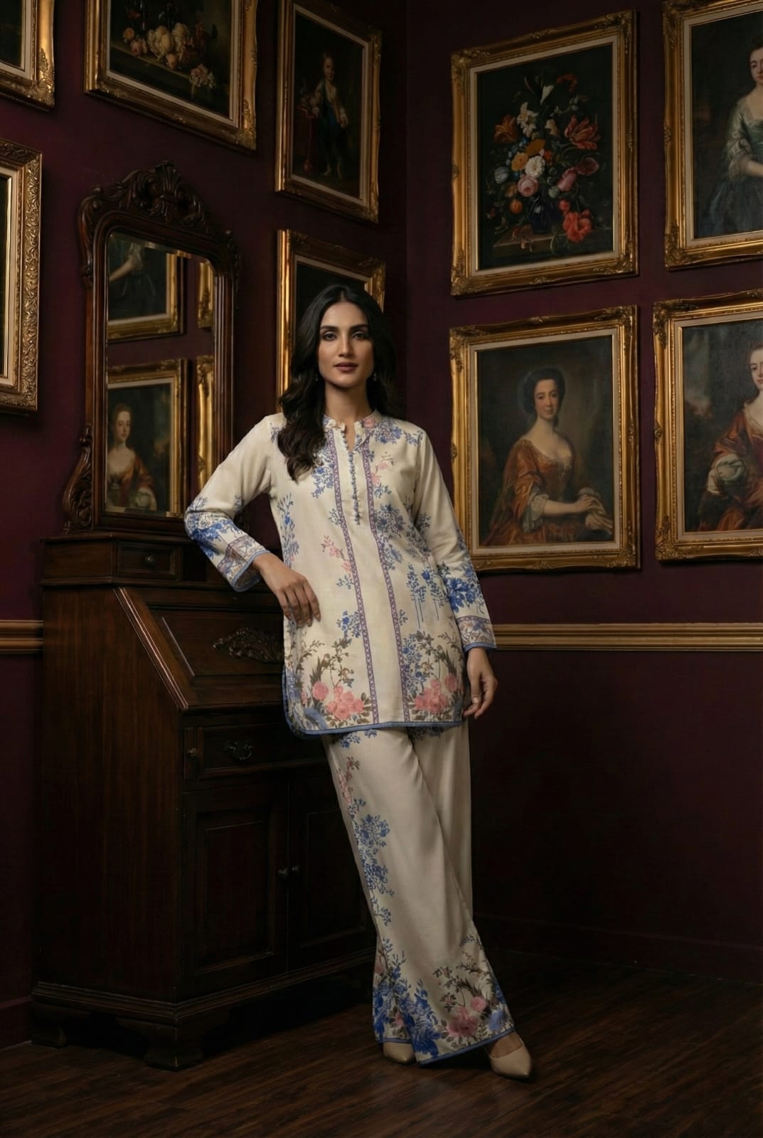 Premium Printed 2-Piece Suit with Blue Border Detailing