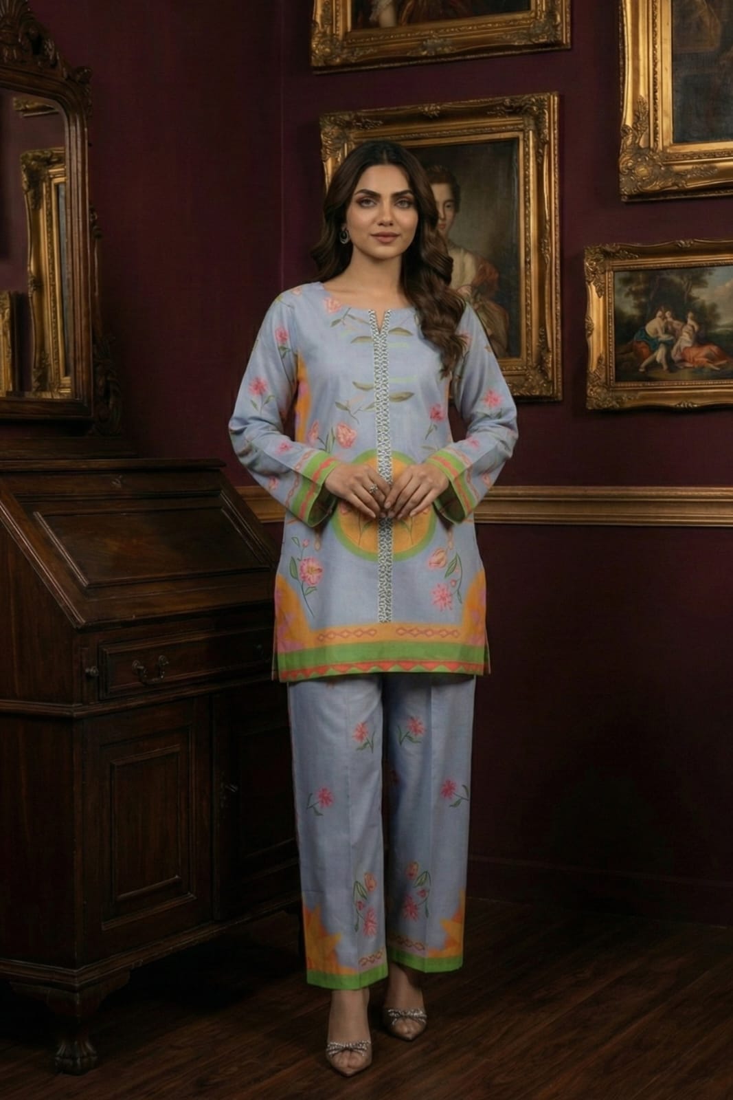 Vintage Cream & Blue Floral 2-Piece Co-ord Set