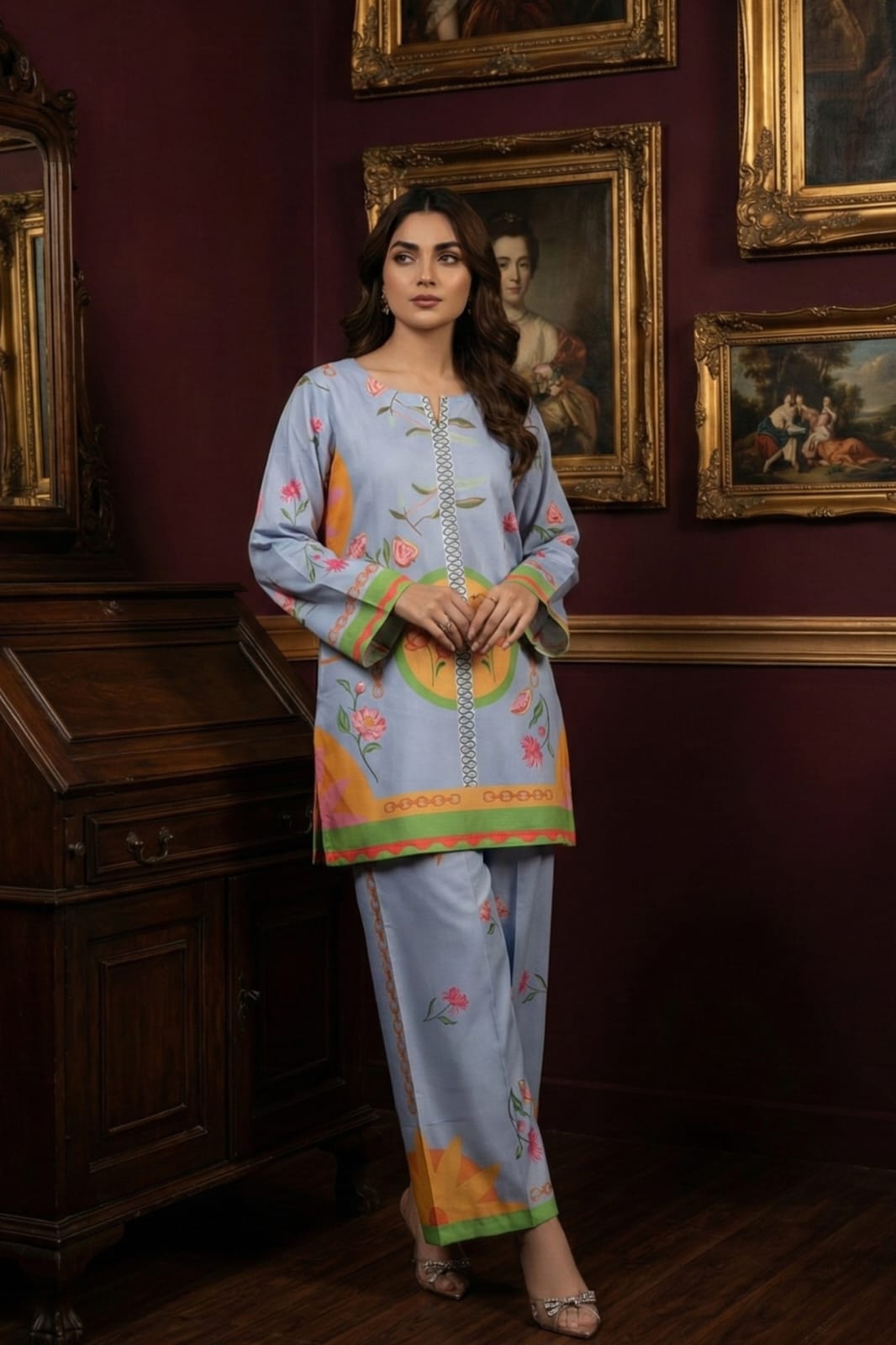 Vintage Cream & Blue Floral 2-Piece Co-ord Set