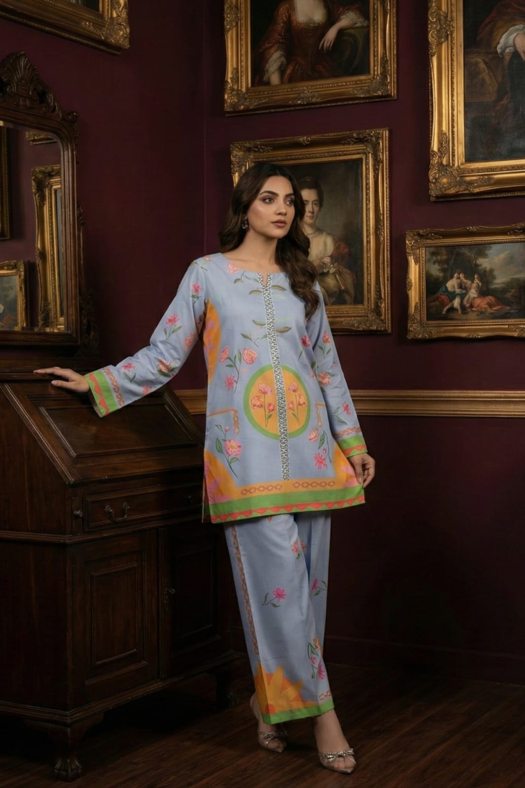 Vintage Cream & Blue Floral 2-Piece Co-ord Set