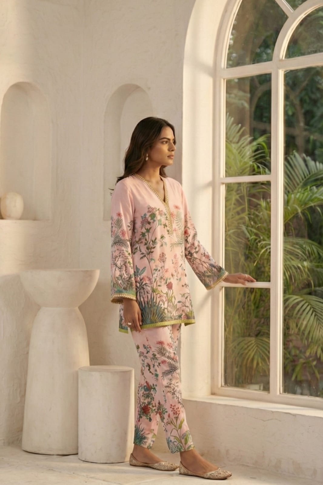 Premium Pastel Pink 2-Piece Set with Lace Neckline