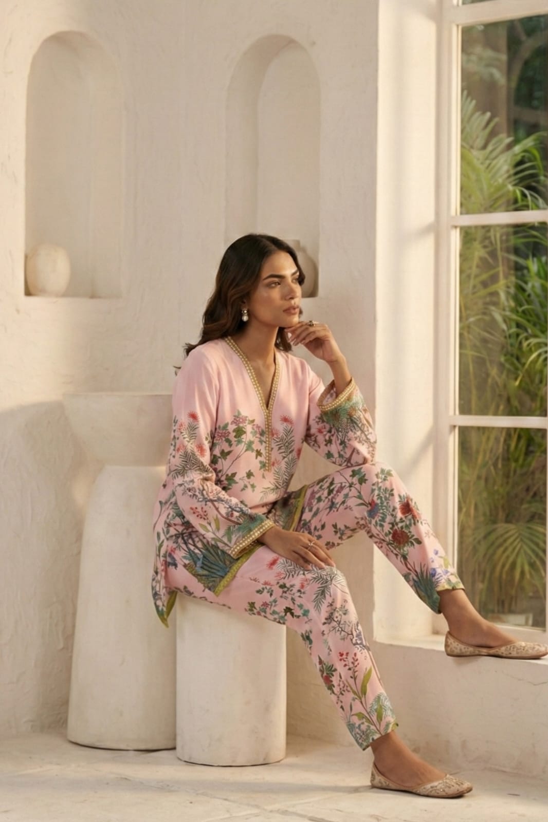 Premium Pastel Pink 2-Piece Set with Lace Neckline