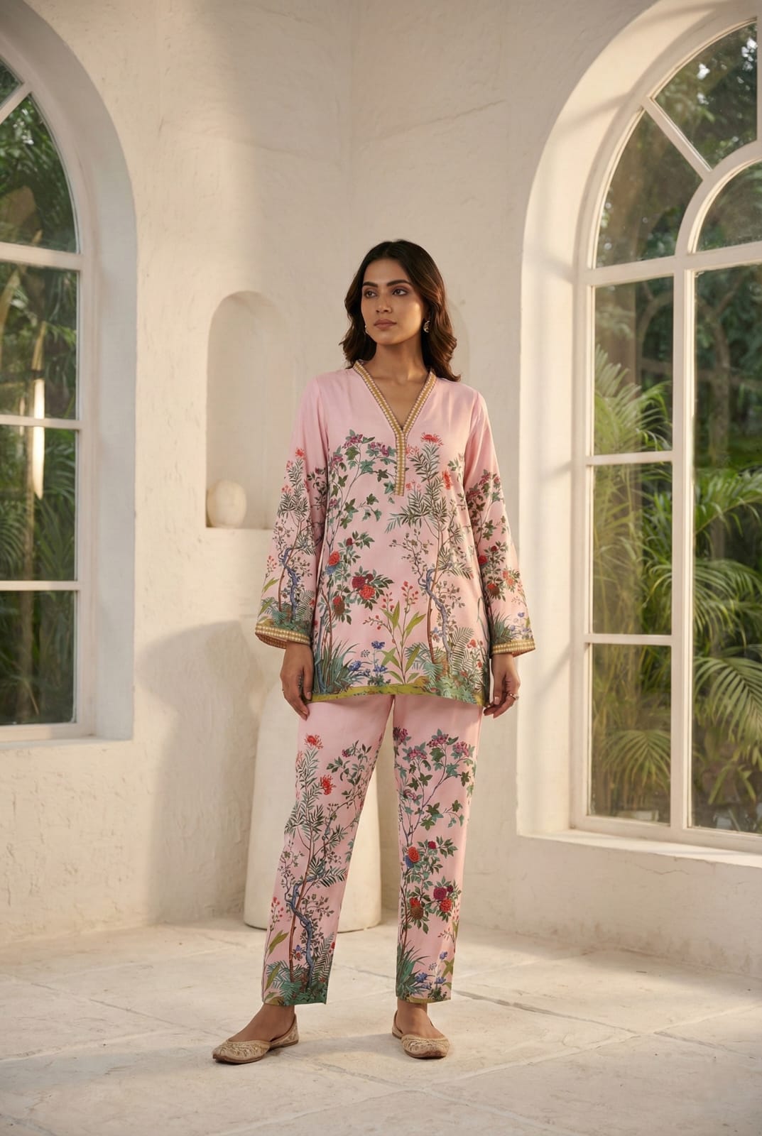 Premium Pastel Pink 2-Piece Set with Lace Neckline