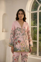 Premium Pastel Pink 2-Piece Set with Lace Neckline