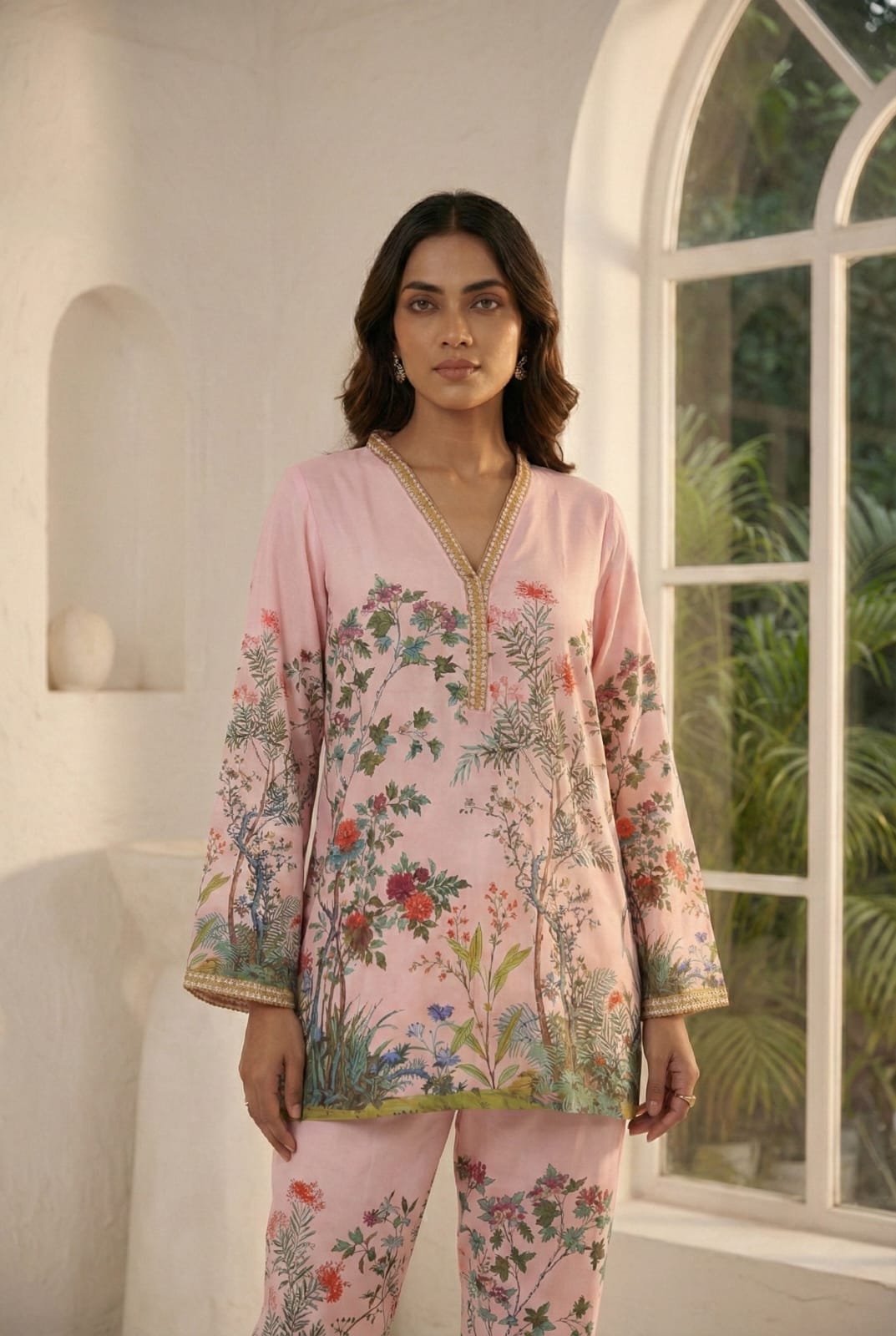 Premium Pastel Pink 2-Piece Set with Lace Neckline