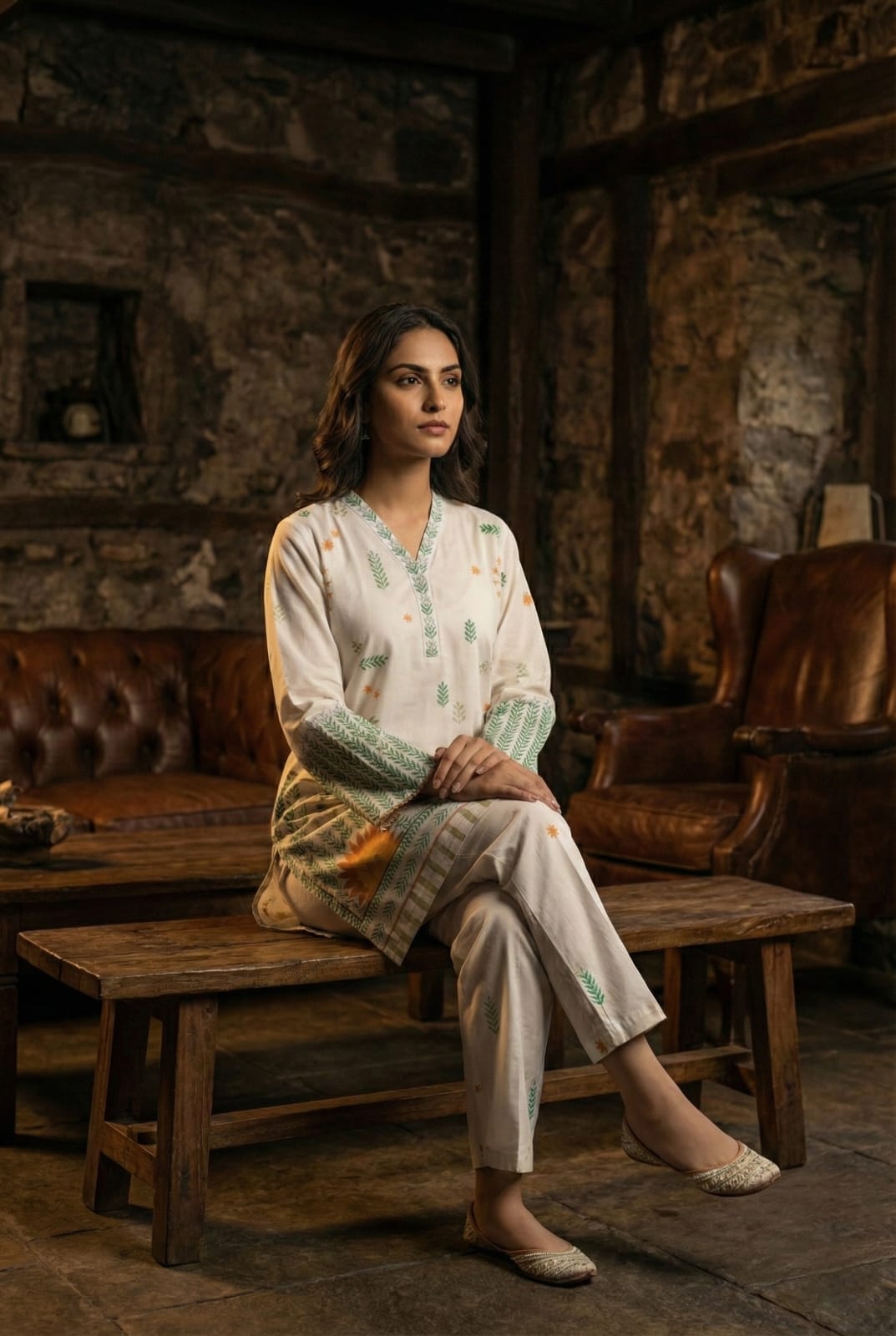 Cream & Emerald Botanical 2-Piece Cotton Co-ord Set