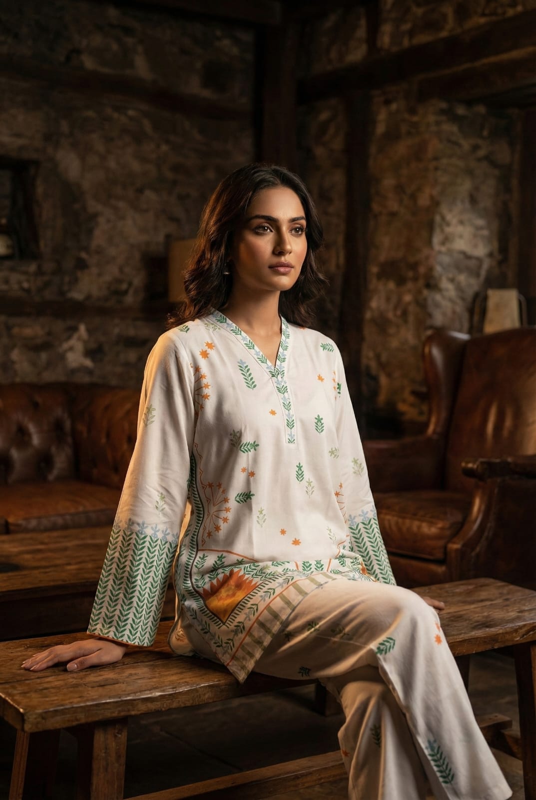 Cream & Emerald Botanical 2-Piece Cotton Co-ord Set