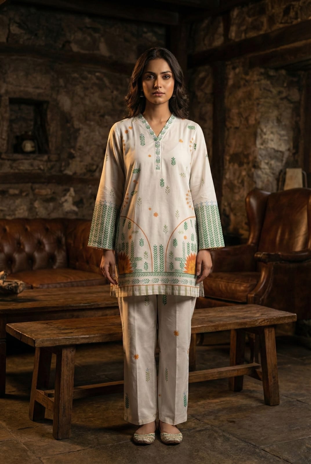 Cream & Emerald Botanical 2-Piece Cotton Co-ord Set