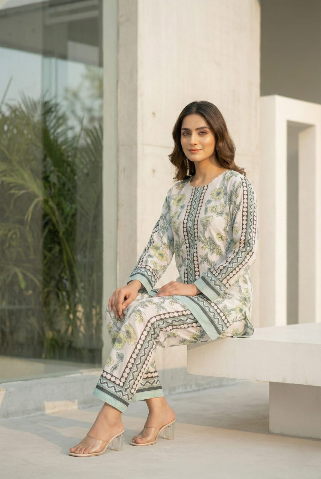 Summer Floral 2-Piece Cotton Suit with Straight Pants