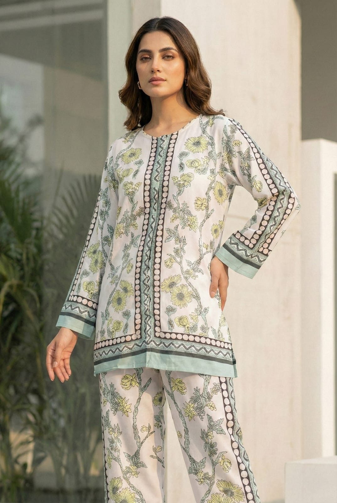 Summer Floral 2-Piece Cotton Suit with Straight Pants