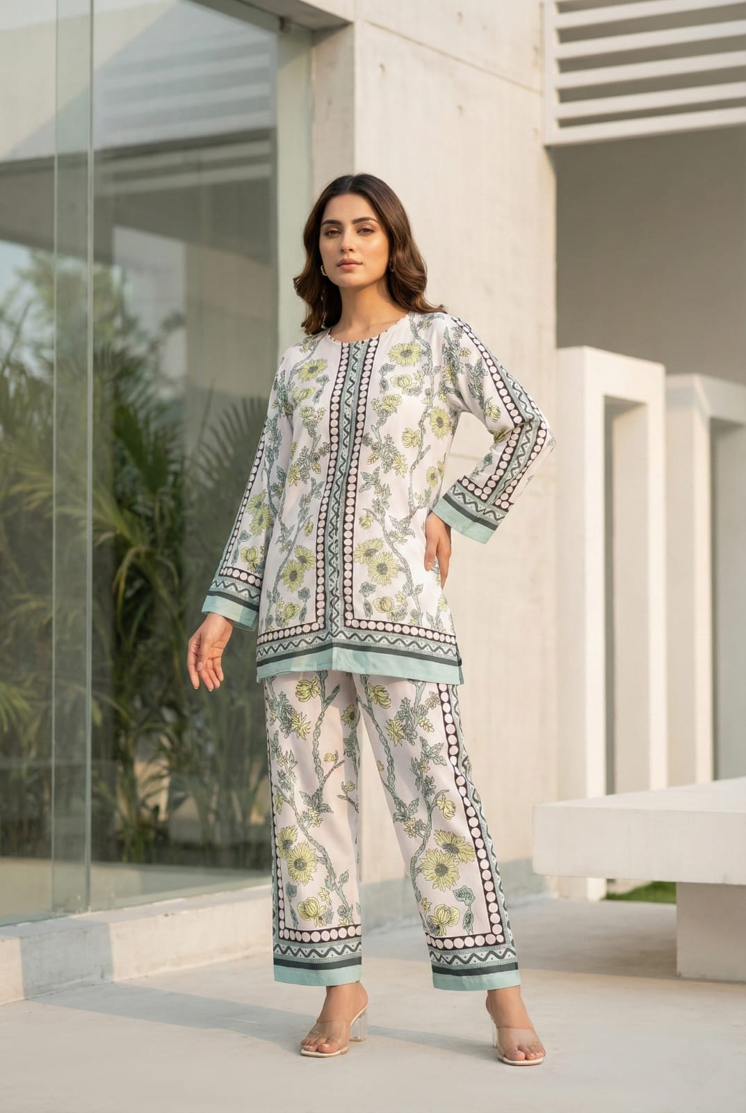 Summer Floral 2-Piece Cotton Suit with Straight Pants