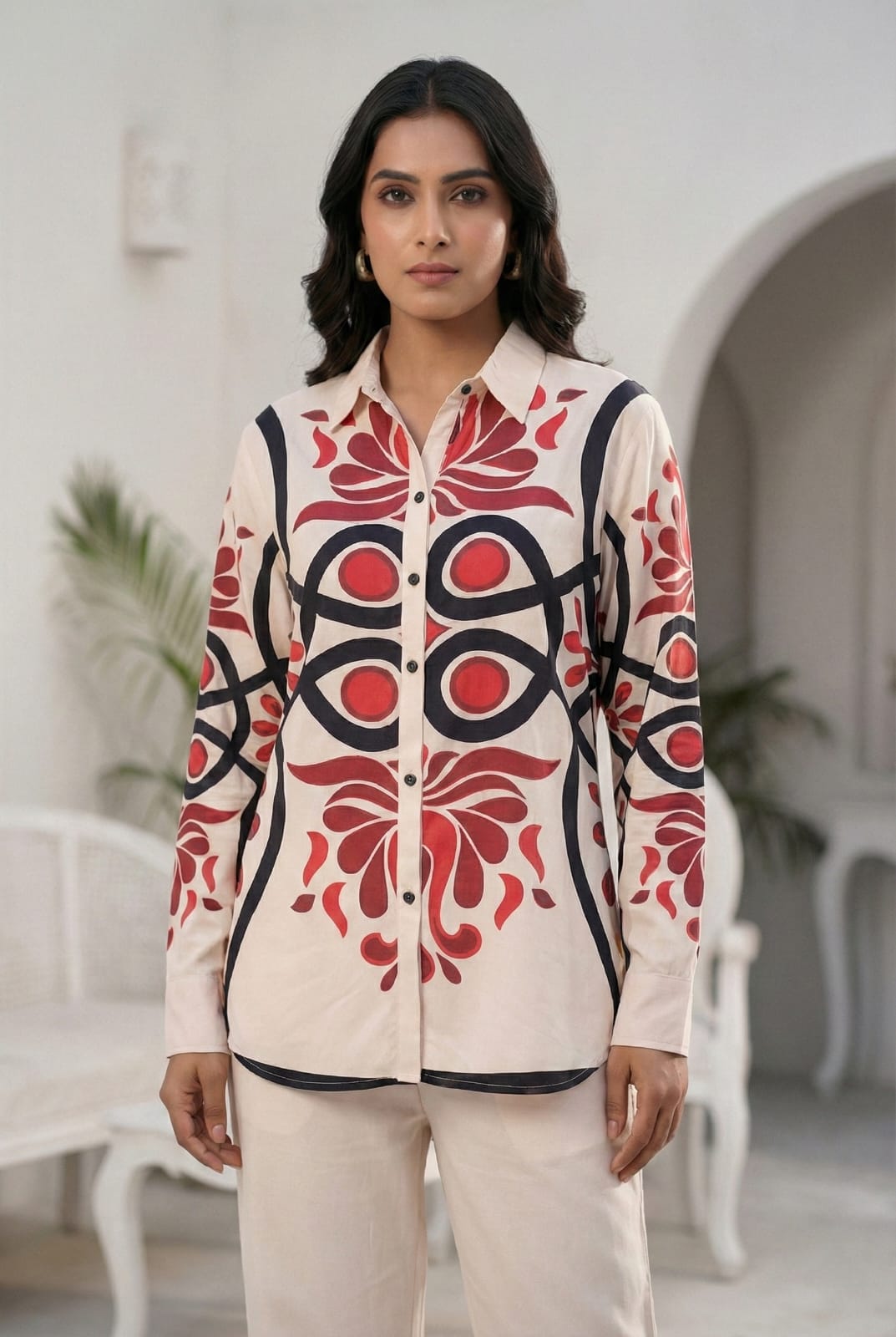 Cream Button-Down 2-Piece Cotton Co-ord Set