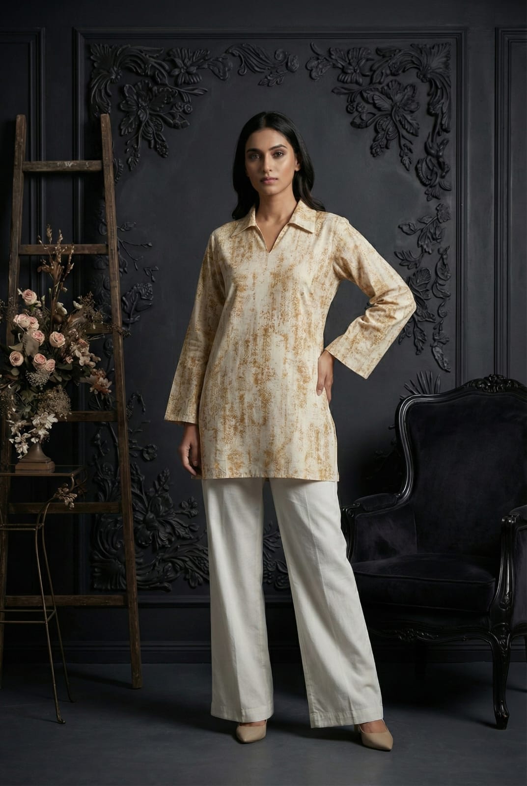 Premium Off-White Cotton Suit with Victorian Floral Print