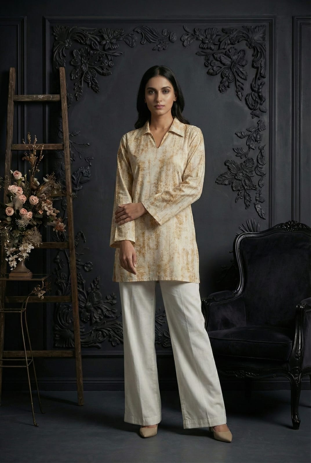 Premium Off-White Cotton Suit with Victorian Floral Print