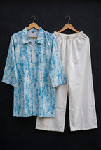 Sky Blue Marble Print Tunic with White Wide-Leg Trousers