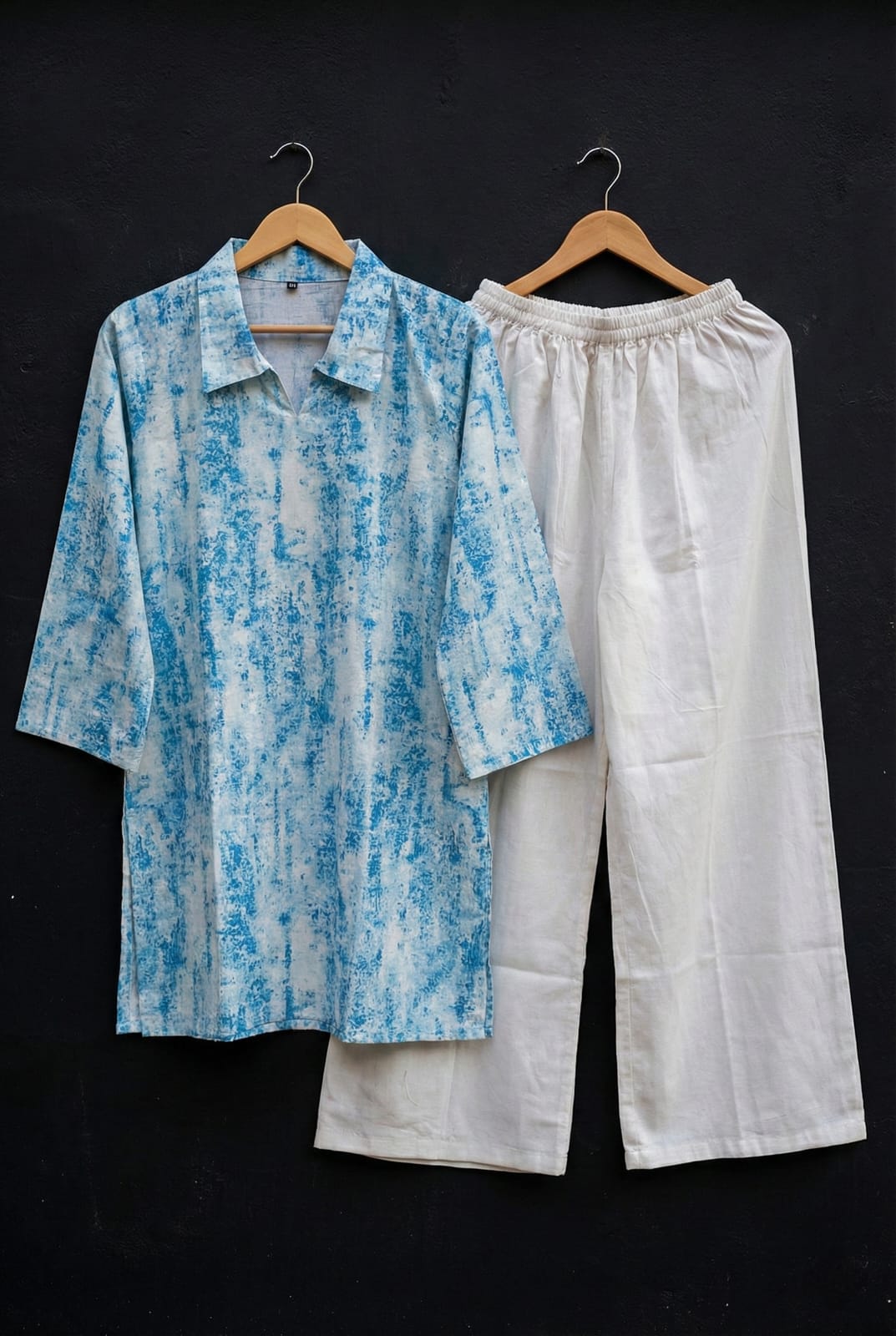 Sky Blue Marble Print Tunic with White Wide-Leg Trousers