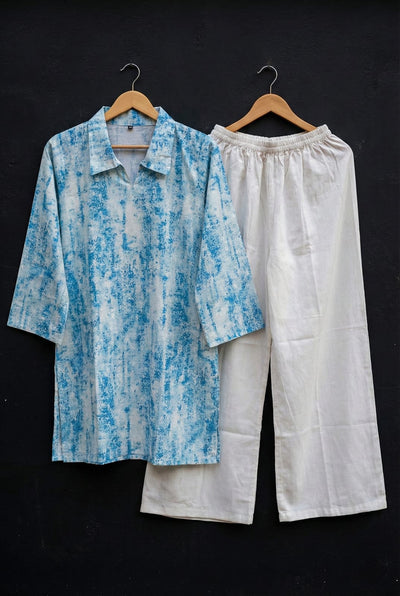 Sky Blue Marble Print Tunic with White Wide-Leg Trousers
