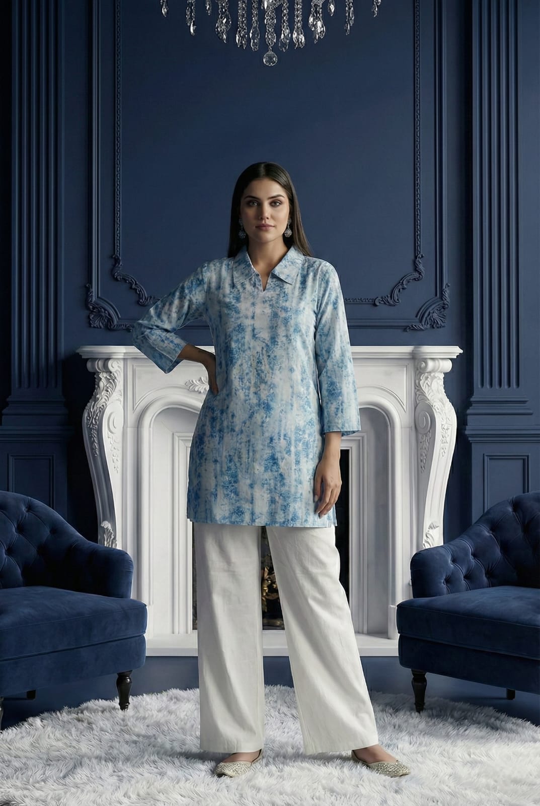 Sky Blue Marble Print Tunic with White Wide-Leg Trousers