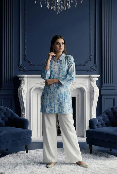Sky Blue Marble Print Tunic with White Wide-Leg Trousers