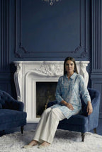 Sky Blue Marble Print Tunic with White Wide-Leg Trousers