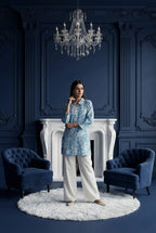 Sky Blue Marble Print Tunic with White Wide-Leg Trousers