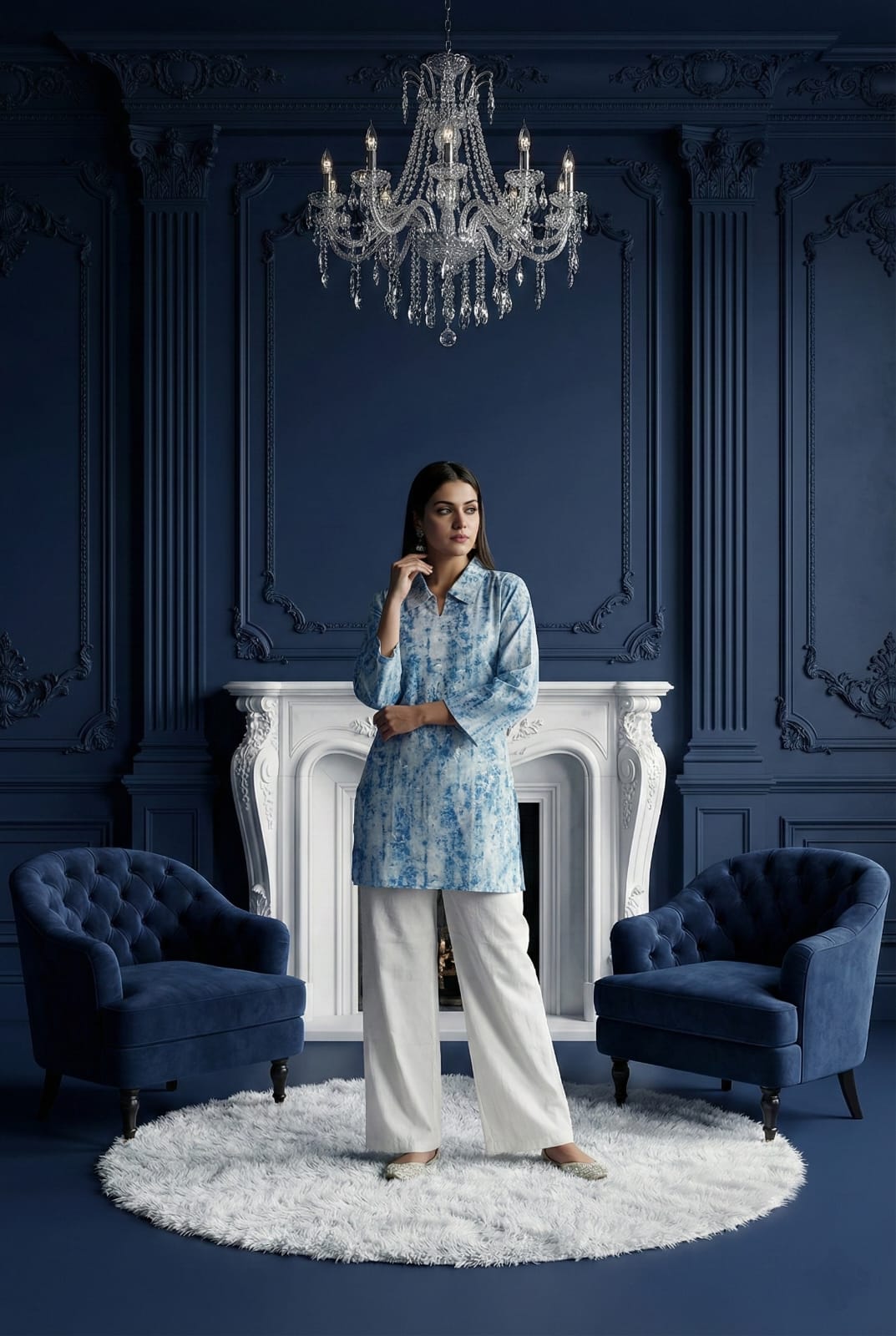 Sky Blue Marble Print Tunic with White Wide-Leg Trousers