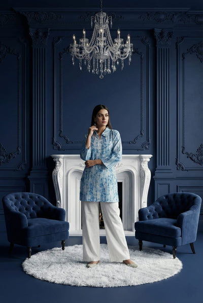 Sky Blue Marble Print Tunic with White Wide-Leg Trousers