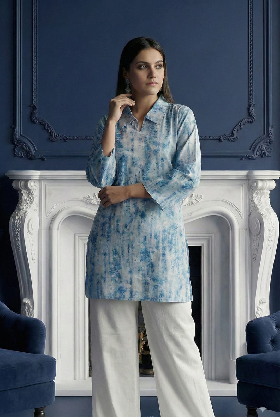 Sky Blue Marble Print Tunic with White Wide-Leg Trousers