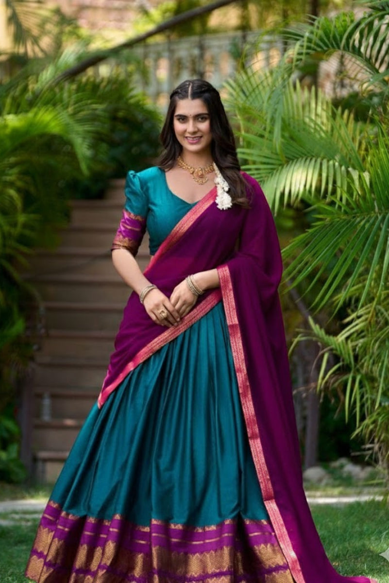 Stylish Lichi Silk Saree Lehenga With Blouse & Banarasi Dupatta For Women (Unstitched)