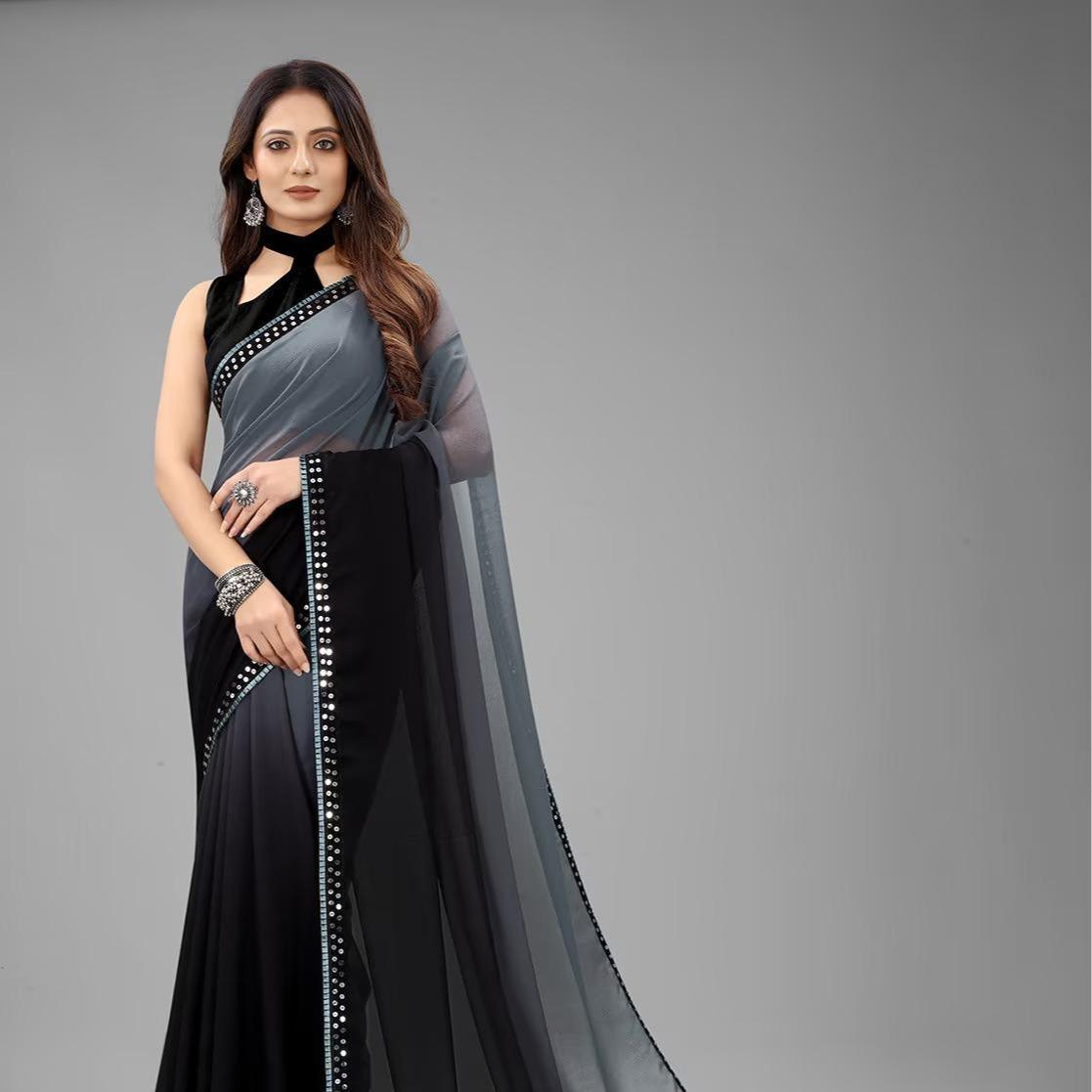 Women’s Ombré Georgette Saree with Mirror-Work Lace & Velvet Blouse Fabric (Unstitched)