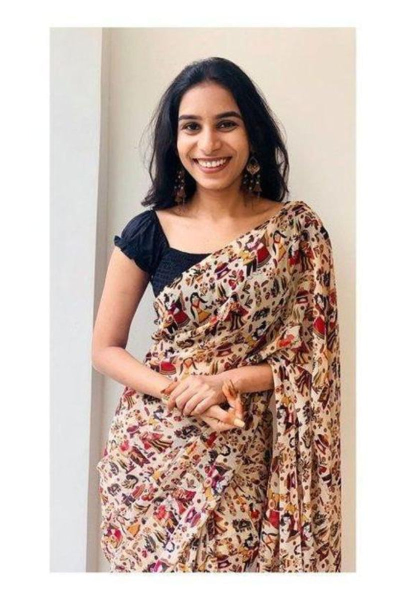 Faux Georgette Kalamkari Print Saree For Women (Unstitched)