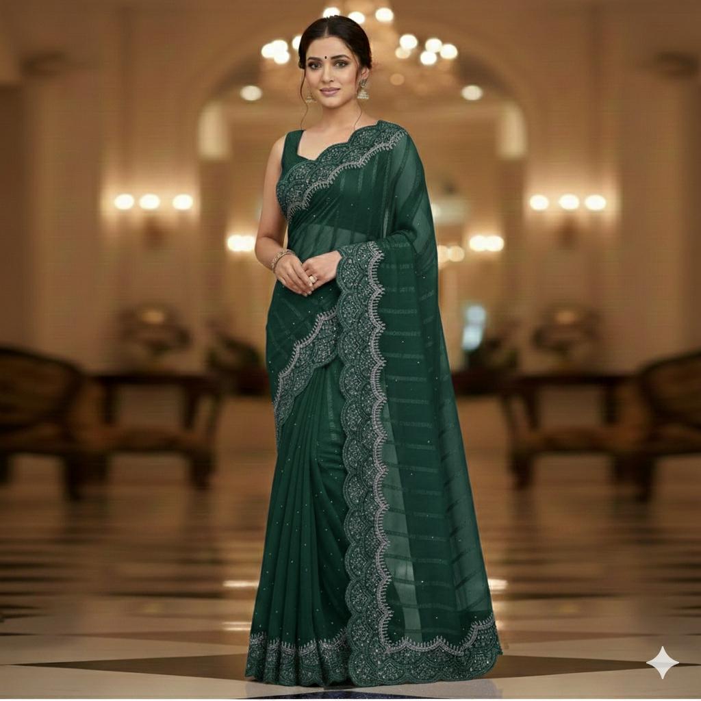 Stone Work Chiffon Georgette Saree for Women (Unstitched)