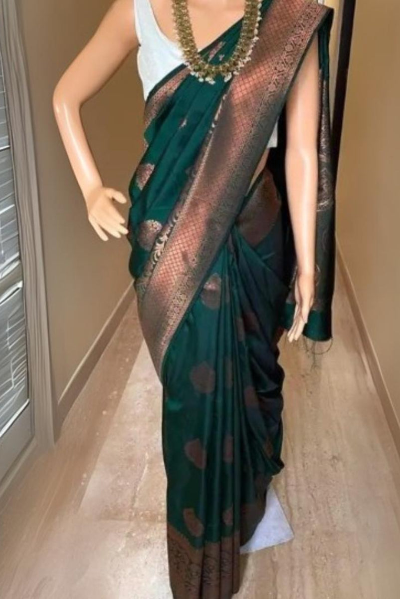 Classy Green Banarasi Saree For Women (Unstitched)