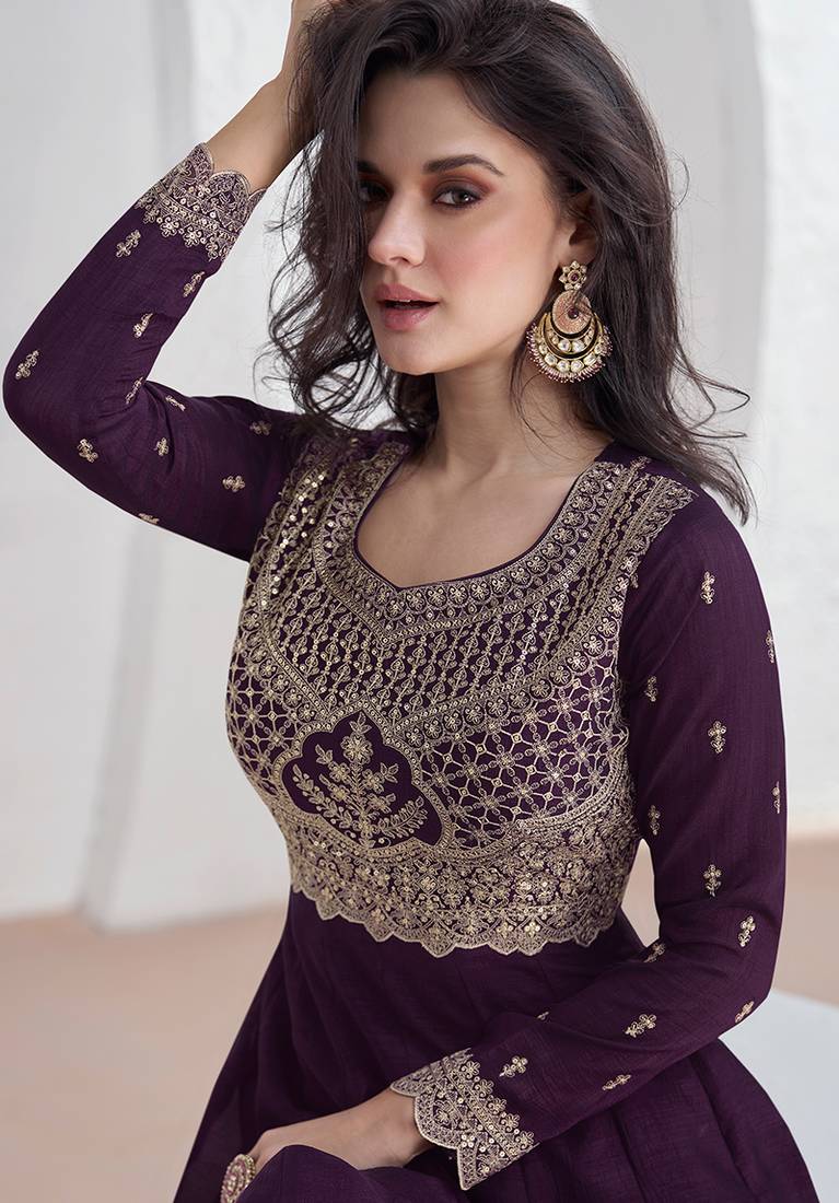 Premium Vichitra Sequin Embroidered Work Anarkali Suit