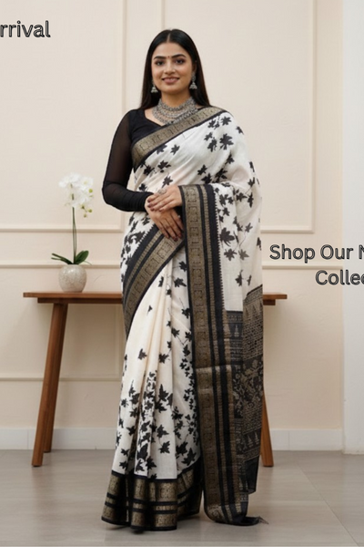 Classic Black And White Contrast Saree (Unstitched)