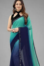 Women’s Ombré Georgette Saree with Mirror-Work Lace & Velvet Blouse Fabric (Unstitched)