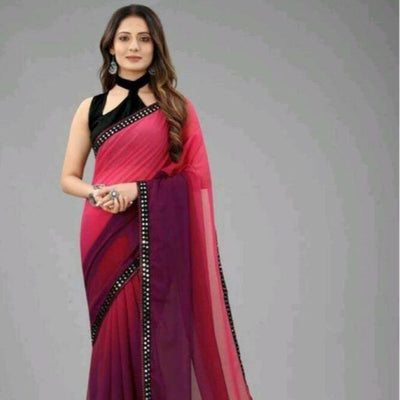 Women’s Ombré Georgette Saree with Mirror-Work Lace & Velvet Blouse Fabric (Unstitched)