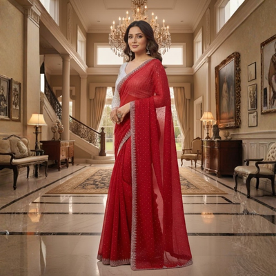 Georgette Saree with Blouse and Diamond Work For Women (Unstitched)