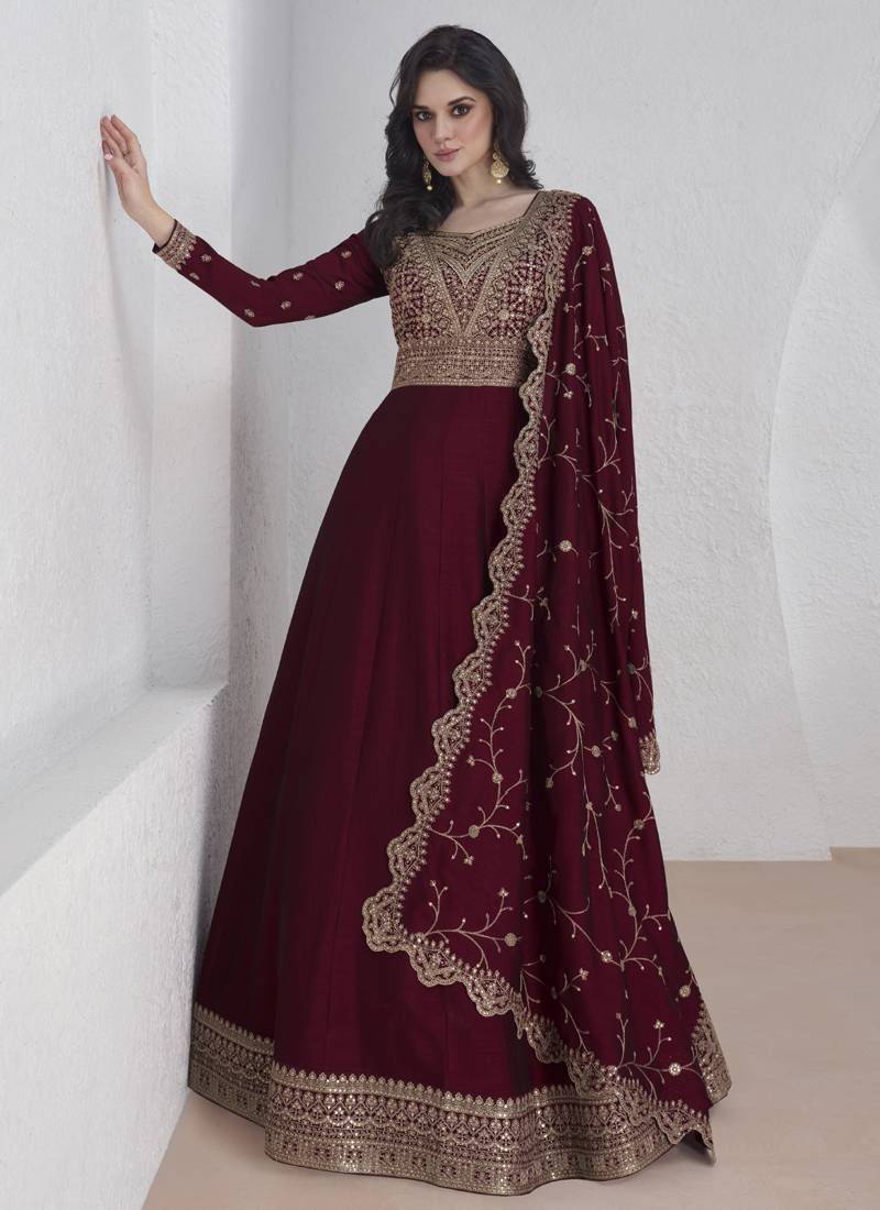 Premium Vichitra Sequin Embroidered Work Anarkali Suit