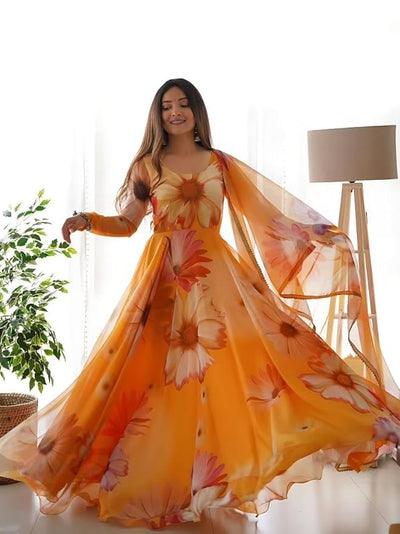 Elegant Party Wear Organza Taby Silk Gown with Dupatta