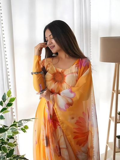 Elegant Party Wear Organza Taby Silk Gown with Dupatta