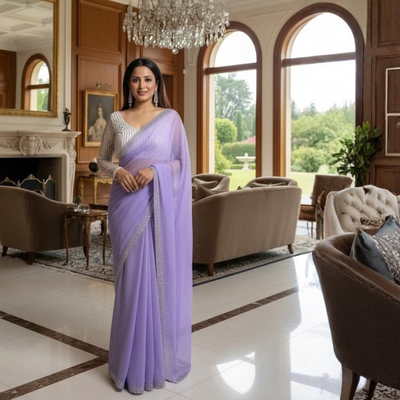 Georgette Saree with Blouse and Diamond Work For Women (Unstitched)